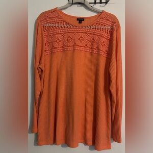Torrid Womens Sz 1 Long Sleeve Thermal Waffle Top Lace Detail Orange Peach